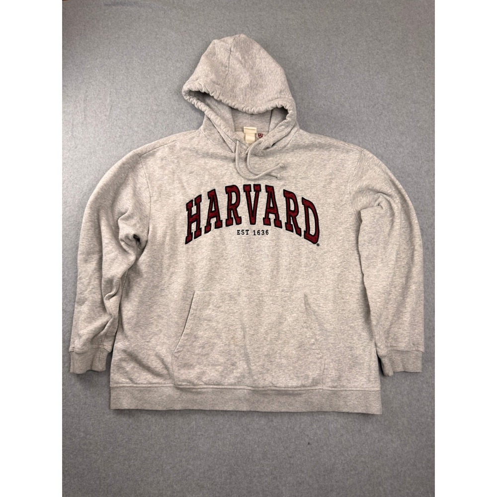 H&M Harvard University Hoodie Gray Burgundy Applique Sweatshirt Mens Medium